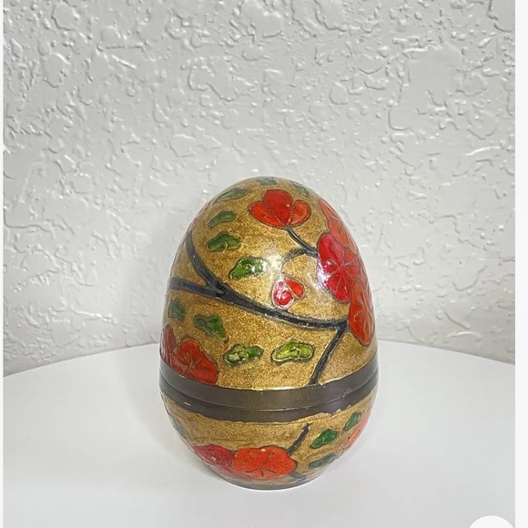 Penco Inc Brass & Enamel Egg Trinket Holder Cloisonné Gold w/Red Flowers - Picture 3 of 9